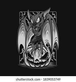 funny devil bat halloween black and white illustration