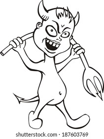 Funny devil. Black and white vector illustration in cartoon style.