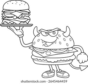Funny Devil Burger Cartoon Character Holding Cheeseburger – Black and White Vector Hand Drawn Illustration Isolated On Transparent Background