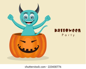 Funny devil cartoon standing in big pumpkin for Halloween party celebration on beige background.