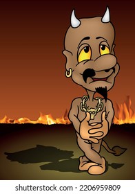 Funny Devil with his Legs Crossed and an Earring in his Ear - Colored Cartoon Illustration with Background, Vector