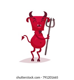 Funny devil with horns and tail holding trident, red demon cartoon character vector Illustration