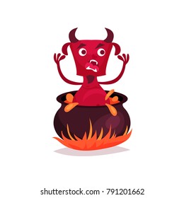 Funny devil with horns and tail in infernal cauldron, red demon cartoon character vector Illustration