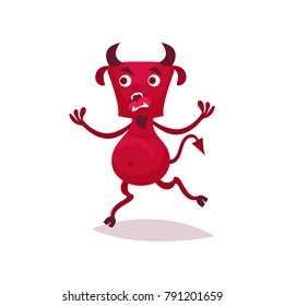 Funny devil with horns and tail, red demon cartoon character vector Illustration