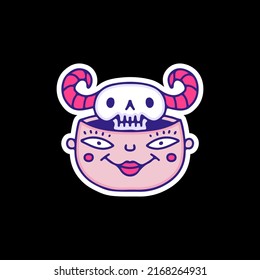 Funny devil skull inside the human head, illustration for t-shirt, sticker, or apparel merchandise. With doodle, retro, and cartoon style.