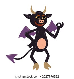 The funny devil tempts. A black devil with horns, wings and a sly smile.