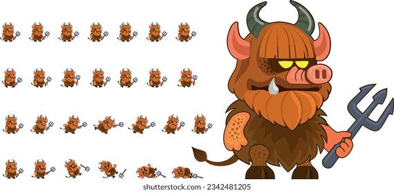 Funny devil with a trident in his hands. Sprite prepared for animation. Character for a computer game. Cute shaggy little monster for animation 