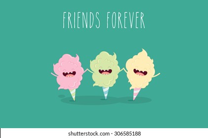 Funny of different color sweet cotton candy. Vector illustration. Use for card, poster, banner, web design and print on 
t-shirt. Easy to edit. Vector illustration.