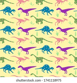 Funny different colored dinosaurs in flat style. Seamless vector pattern for your design, packaging, fabric, Wallpaper, decoration. Children's seamless pattern