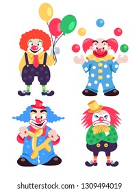 Funny different colorful clowns characters collections. Vector flat cartoon character isolated illustration set