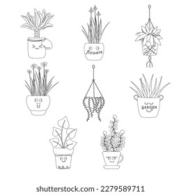 Funny different plants black and white. Cartoon plants