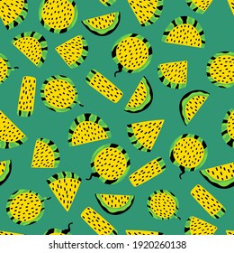 Funny different shaped fruit slices green and yellow seamless pattern stock vector illustration. Yellow flesh watermelons green seamless pattern vector. Summer time cartoon raw food endless texture