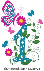 Funny digit 1 with flowers and butterflies