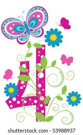 Funny digit 4 with flowers and butterflies