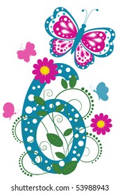 Funny digit 6 with flowers and butterflies