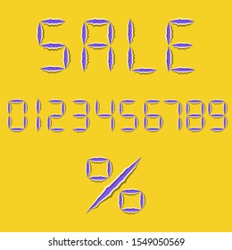 Funny digital stylized purple symbols with with ragged edges on yellow background. Torn sale, discount text. Percent sign. Numbers from 0 to 9. Vector illustration.