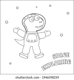 Funny dino astronaut in space. Dinosaur in outer space. Vector hand-drawn coloring children's illustration. Creative vector Childish design for kids activity colouring book or page.