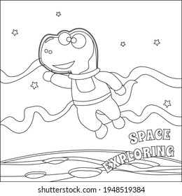 Funny dino astronaut in space. Dinosaur in outer space. Vector hand-drawn coloring children's illustration. Creative vector Childish design for kids activity colouring book or page.