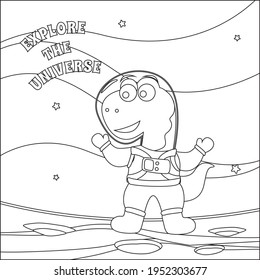 Funny dino astronaut in space. Dinosaur in outer space. Vector hand-drawn coloring children's illustration. Creative vector Childish design for kids activity colouring book or page.