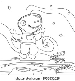 Funny dino astronaut in space. Dinosaur in outer space. Vector hand-drawn coloring children's illustration. Creative vector Childish design for kids activity colouring book or page.