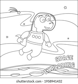 Funny dino astronaut in space. Dinosaur in outer space. Vector hand-drawn coloring children's illustration. Creative vector Childish design for kids activity colouring book or page.