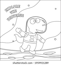 Funny dino astronaut in space. Dinosaur in outer space. Vector hand-drawn coloring children's illustration. Creative vector Childish design for kids activity colouring book or page.