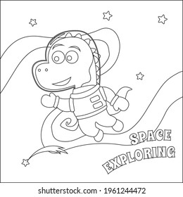 Funny dino astronaut in space. Dinosaur in outer space. Vector hand-drawn children's coloring illustration. Creative vector Childish design for kids activity colouring book or page.