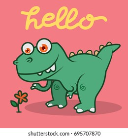 Funny Dino Character Says Hi To A Flower