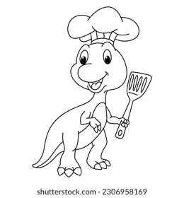 Funny dino chef cartoon vector coloring page