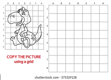 funny dino game. Vector illustration of grid copy puzzle with happy cartoon dinosaur for children