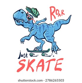 Funny dino on skate hand drawn illustration. T-rex ride on skatebord. Street summer cartoon dinosaur illustration. Urban kids print, decor and posters. Happy Tyrannosaur design. Child character 