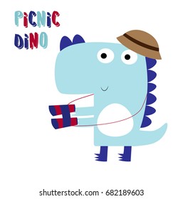 Funny dino  picnic. vector cartoon illustration
