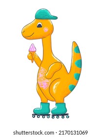 Funny dino with roller skates and ice cream. Vector kids illustration