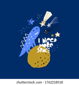 Funny dino in space on the planet. Vector illustration on the space theme in childish style. Slogan COOL BOY.