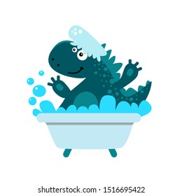 Funny Dino wash in bath. Cartoon