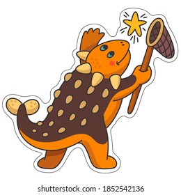 Funny dinosaur Ankylosaurus sticker. Vector illustration in cartoon style with a cute dinosaur character who catches a star with a net. For use as a sticker.