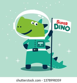 Funny dinosaur astronaut with flag