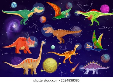 Astronautas de dinossauros engraçados no espaço, lagartos pré-históricos de desenhos animados com planetas galácticos, personagens vetoriais. Homem espacial T-rex em capacete de bolha de astronauta com raptor e lagartos dino no céu da galáxia com estrelas