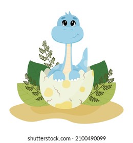 Funny dinosaur baby hatching from egg. Dinosaur diplodocus in cartoon style