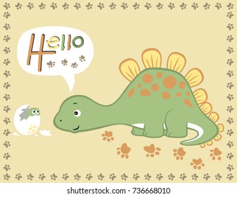 Funny dinosaur with its baby on footprint frame border, vector cartoon illustration