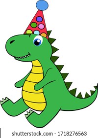 Funny dinosaur baby shower and birthday party. The party of dinosaurs . Greeting card with a cute cartoon dinosaur. Adorable Tyrannosaurus Rex Vector illustration happy birthday Dino for kids, greeting