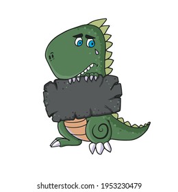 Funny Dinosaur is bored and holding a sign .Children's vector design on a white isolated background for banners and postcards.