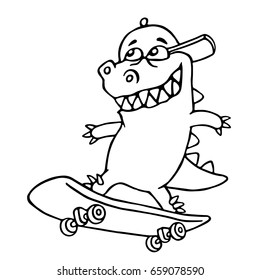 Funny dinosaur in a cap skates on a skateboard. Vector illustration. Cartoon cute character.