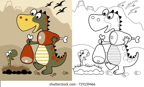 Funny dinosaur carrying meat for it cub, vector cartoon, coloring page or book