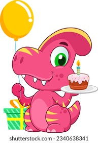 Funny Dinosaur Cartoon Character Wearing A Party Hat And Holding A Birthday Cake. Vector Illustration Flat Design Isolated On Transparent Background