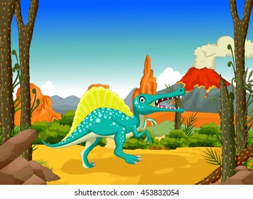 funny Dinosaur cartoon with forest landscape background