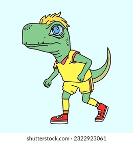 Funny dinosaur cartoon jogging in color. Dinosaur man sport.