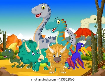 funny dinosaur cartoon in the jungle with landscape background