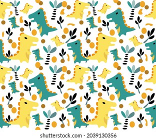 Funny dinosaur cartoon seamless pattern for kid fashion and decor.