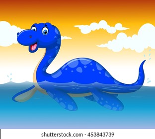 funny dinosaur cartoon swimming with sea life background